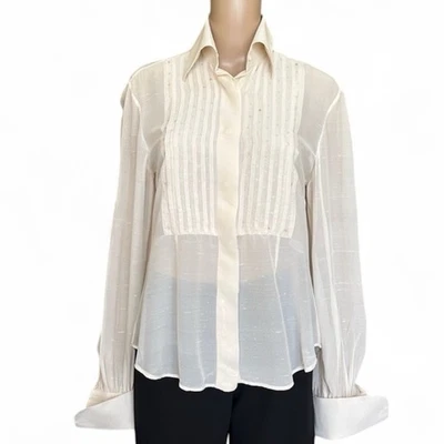 Valentino кремовый бисером шелк смокинг рубашка блузка на пуговицах женский размер 12 - Изображение 1 из 4