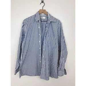 Vintage Austin Reed 80s Pinpoint Oxford Dress Shirt 16.5 35 Blue White Stripe  - Picture 1 of 5
