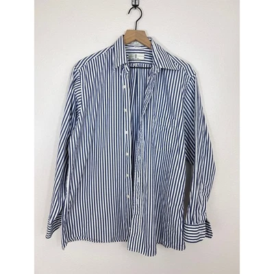 Vintage Austin Reed 80s Pinpoint Oxford Dress Shirt 16.5 35 Blue White Stripe  - Image 1 of 4
