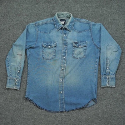 Vintage Wrangler Shirt Mens XL Blue Denim Pearl Snap Western Distressed Grunge - Image 1 of 4