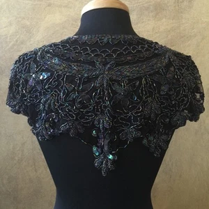Paillettes Perline Pizzo Fianchi Collare Spalla Spalla Spalline Scialle Applique Pavone Nero - Foto 1 di 2