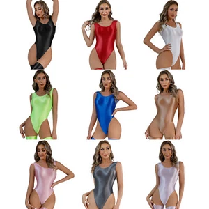 Womens Glossy Backless Bodysuit Swimwear High Cut Sleeveless Leotard Yoga Sports - Picture 1 of 84
