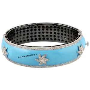 Natural Diamond & Sky Blue Enamel Wedding Bangle Jewelry Sterling Silver Jewelry - Picture 1 of 3