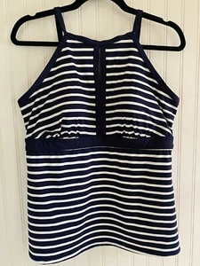 Canotta da bagno Lands End Tankini taglia 14 blu a righe collo alto buco della serratura regolabile - Foto 1 di 7