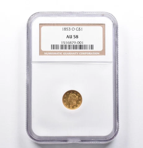 AU58 1853-O $1 Liberty Head Gold Dollar Piece NGC *1076 Cover