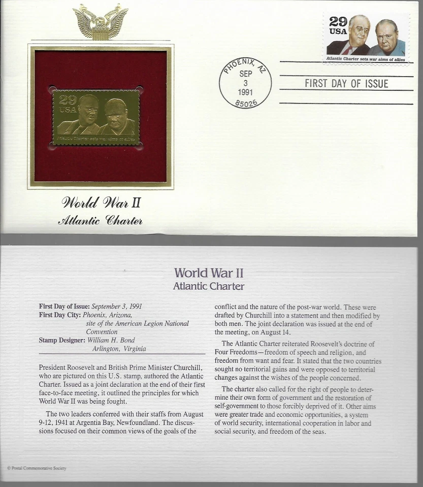 World War II--Atlantic Charter-1st day issue-Golden Replica - Image 1 of 1