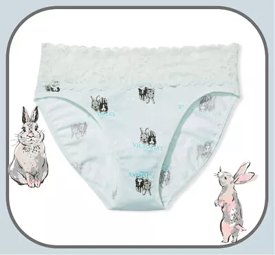XL Spring Blue Bunny LOGO Cotton Lace Waist Victorias Secret HighLeg Brief Panty - Image 1 of 4