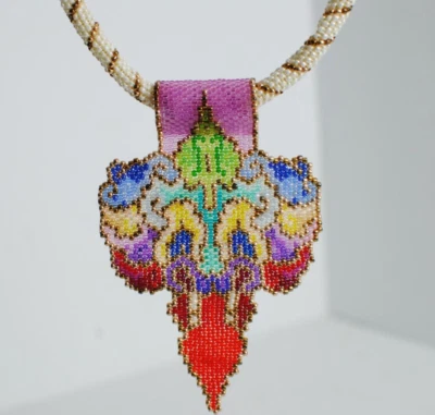 Seed Beaded Artist Design Multicolored Pendant Choker White & Gold Beaded Chain - Image 1 of 4