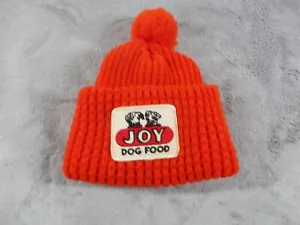 Vintage Joy Dog Food Beanie Hat Orange Patch Chunky Knit Pom Pom Adult Stretch - Picture 1 of 6