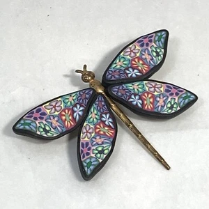 Handgefertigte Millefiore Ton Libelle Pin Bronze Ton Blume Flügel 2,75" - Bild 1 von 4