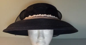 Vtg Navy Blue Woven Straw Wide Brim Hat Tulle Sequin Wedding Kentucky Derby 23" - Picture 1 of 8