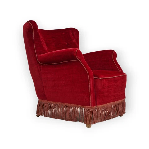 1960s, Danish vintage armchair in cherry-red velvet Cover
