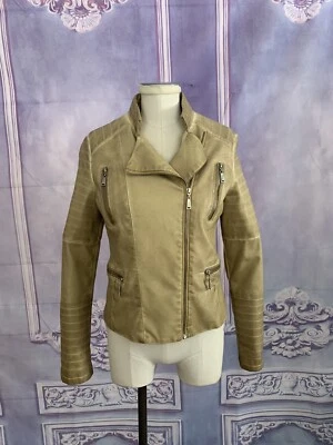 NUEVA Chaqueta de Moto JouJou Gruesa Imitación Cuero Beige PEQUEÑA Cremallera Aspecto Vintage Foto 1 de 4