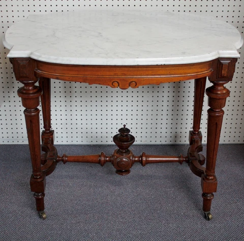 Antique Victorian Eastlake Walnut Parlor Table White Turtle Marble Top, Spire Cover