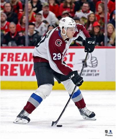 Nathan MacKinnon Colorado Avalanche Unsigned White Jersey Shooting Photograph Cover