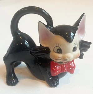 Pair of (2) Vintage Anamorphic Black Cats Red Bow Figurines JAPAN - Picture 1 of 8