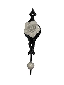 Wandhaken, Hut-Haken, Garderobenhaken, Antik Stil, Eisen und Keramik Rose Weiß - Bild 1 von 3