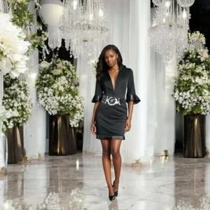 Women's Skirt Suit Intuition Elegant Black Cotton Ruffled Belted Blazer & Skirt - Picture 1 of 6