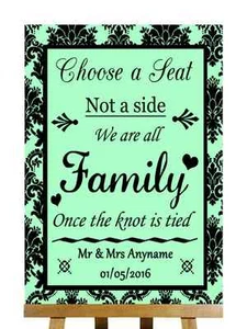 Mint Green Black Choose Seat Not Side All Family Knot Tied Wedding Sign - Picture 1 of 8