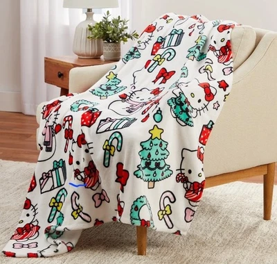 🎄NEW Hello Kitty Candy Cane Snowman  Christmas Throw Blanket 50”x70” - Image 1 of 4
