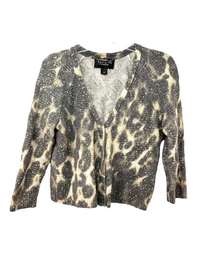 St John Couture Damas Cárdigan Suéter Medio Gris Marrón Dorado Animal Metálico Foto 1 de 4