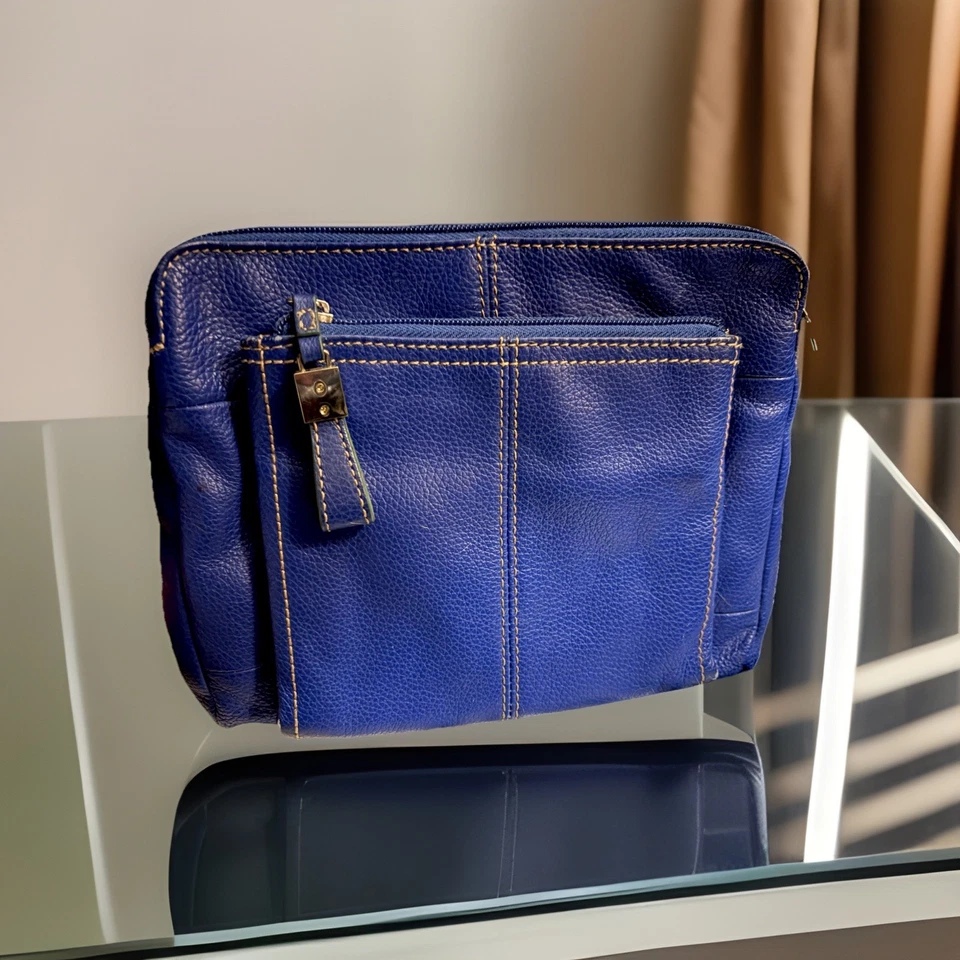 Vintage TIGNANELLO Blue Leather Crossbody Shoulder Bag Organizer Satin Interior - Image 1 of 4