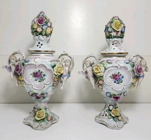 2er Set Von Schierholz durchbohrte Porzellan Cherub Blumenurnen mit Deckel Germany 10" - Bild 1 von 24