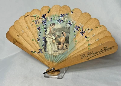 Antique Wood Brise Fan Hand Painted Flowers W/ Lady Photo El Palacio De Hierro - Image 1 of 4