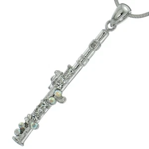 Flute Pendant Made With Swarovski Crystal Woodwind Musical 18" Chain Necklace - Picture 1 of 6