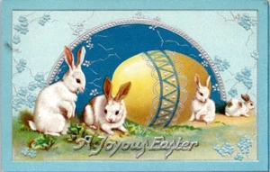 EASTER POSTCARD Tuck Bunnies & Exaggerated Yellow Egg Embossed "A Joyous Easter" - Picture 1 of 2