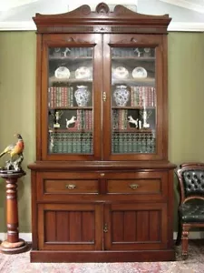 ANTIQUE WALNUT SECRETAIRE BOOKCASE/ DISPLAY CABINET WITH STORAGE BELOW c1900s - Picture 1 of 19