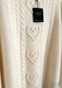 Charter Club Women's Sz L 100% Cashmere Heart Sweater Bianco Crema $209