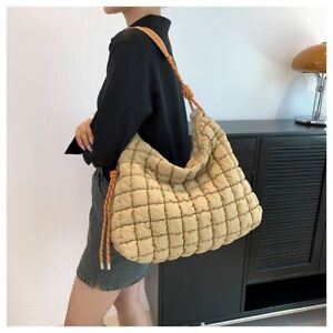 Large Capacity Plaid Shoulder Bag Warm Lightweight Quilted Tote Bag  Woman