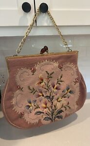Vintage Pink Floral Daffodil Needlepoint Tapestry Purse Handbag Read Description