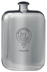 Frasco de bolsillo para cadera con diseño de escudo familiar Coutts 6 oz peltre pulido redondeado - Imagen 1 de 1
