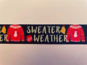 Christmas pink sweater weather on navy Grosgrain ribbon BTY 7/8" - Picture 1 of 2