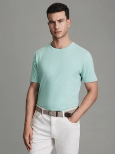 $45 REISS Bless Cotton Crew Neck T-Shirt | Ocean Green | Large - Picture 1 of 11