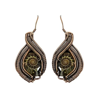 Pendientes colgantes envueltos en alambre étnico de piedras preciosas fósiles de amonita de pera de cobre joyería Foto 1 de 4