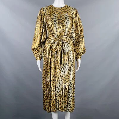 MARC JACOBS Talla 0 Oro Negro Seda Metálico Estampado Leopardo Vestido Plisado - Imagen 1 de 4