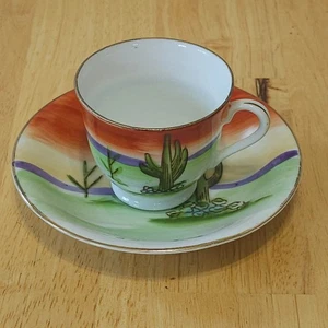 Taza de té y platillo vintage Norcrest Japón, cactus Arizona Saguaro pintado a mano - Imagen 1 de 8
