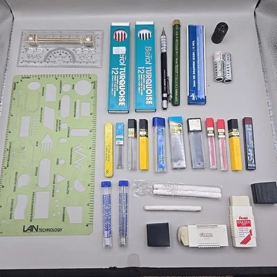 Large Engineer Drafting Lot (28) Pencils, Lead, Erasers, Stencils, Sharpener - Image 1 of 4