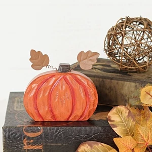 Zucca primitiva rustica Halloween grossa in legno 5" ripiano sitter - Foto 1 di 5