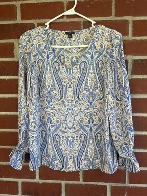 Ann Taylor Petite XSP Blue & Gold Paisley Floral Long sleeve Blouse New w/o Tags - Image 1 of 4