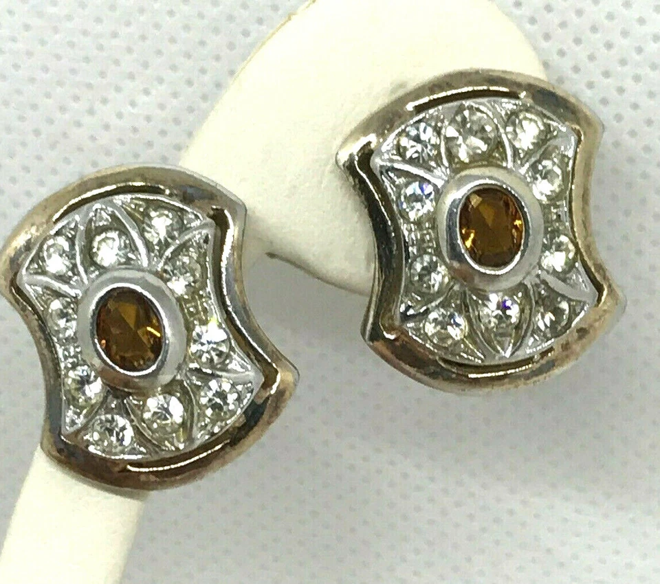 ORECCHINI IN STILE ANTICO A LOBO IN ARGENTO 800  PIETRA TOPAZIO COGNAC E STRASS  - Immagine 1 di 4