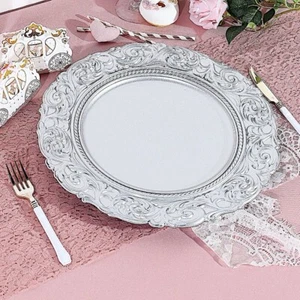 24 SILVER 14" Round Baroque Metallic Charger Plates Wedding Light Gray Supplies - Picture 1 of 8
