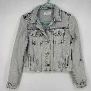 KanCan Womens Small Button Up Jean Jacket Bleached Blue Distressed Pockets LS - Picture 1 of 8