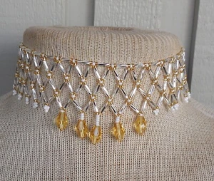 etted Weave Adjustable Beaded Choker Necklace in Silver White Gold w/Drop Beads - Picture 1 of 8