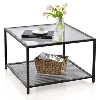 COSTWAY Modern Glass Top Coffee Table Home Square Center Table Accent Sofa Side Table