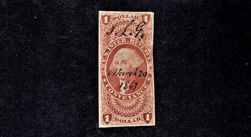 1862-71 U.S.First Issue Revenue $1 Red CONYEVANCE IMPERF Sc#R66a 1863 Pen Cancel - Image 1 of 1