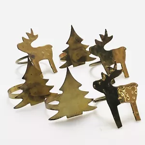 Juego de 6 soportes de anillo de servilleta vintage latón tono dorado metal rústico árbol alce - Imagen 1 de 12